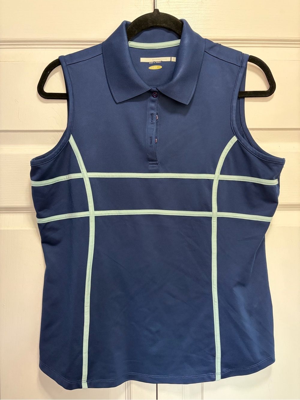 Greg Norman Collection Sleeveless Polo Tank in Navy with Mint Trim